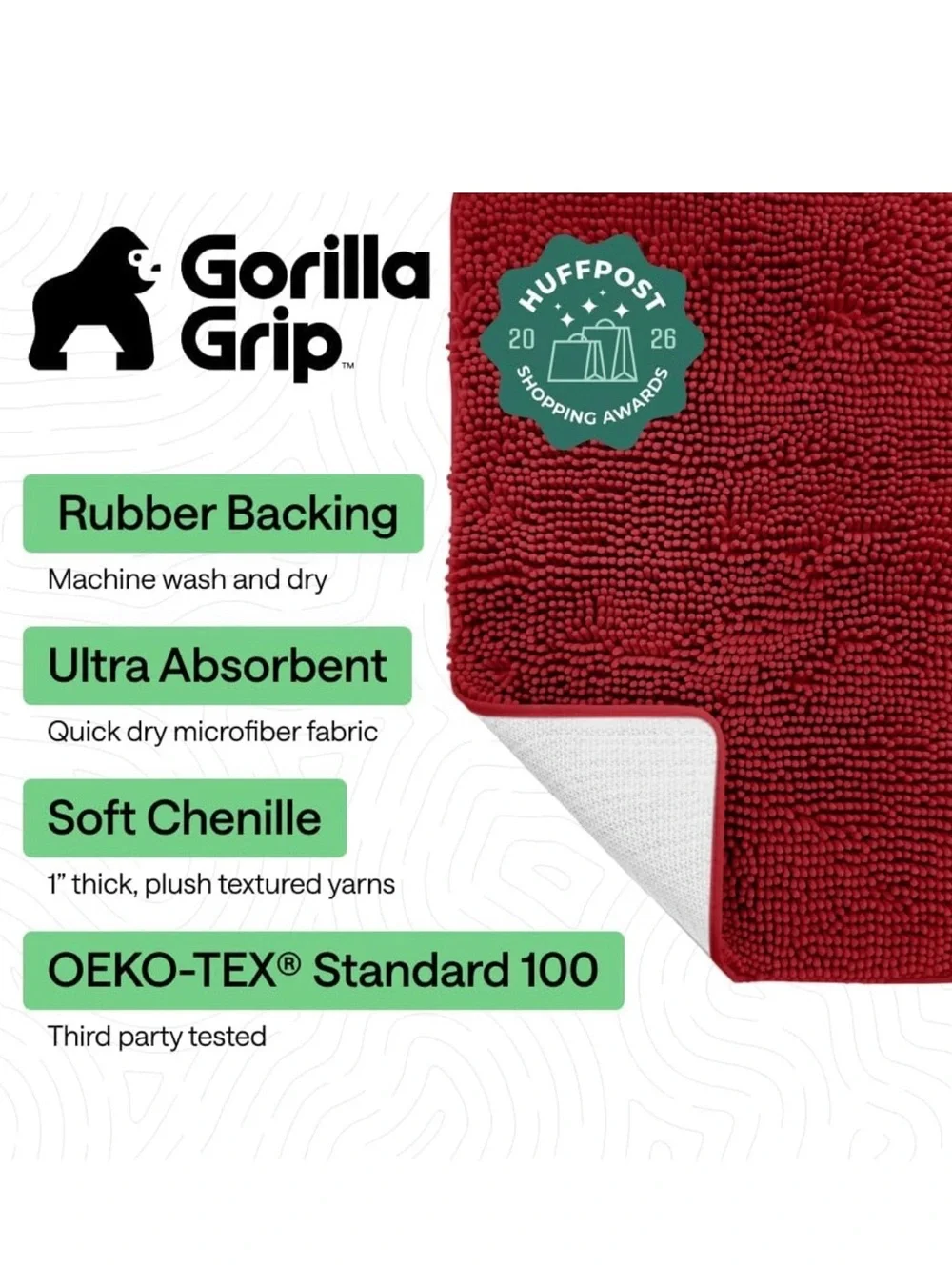 Gorilla Grip Red Chenille Bath Rug - Soft Non-Slip Bath Mat (30x20)